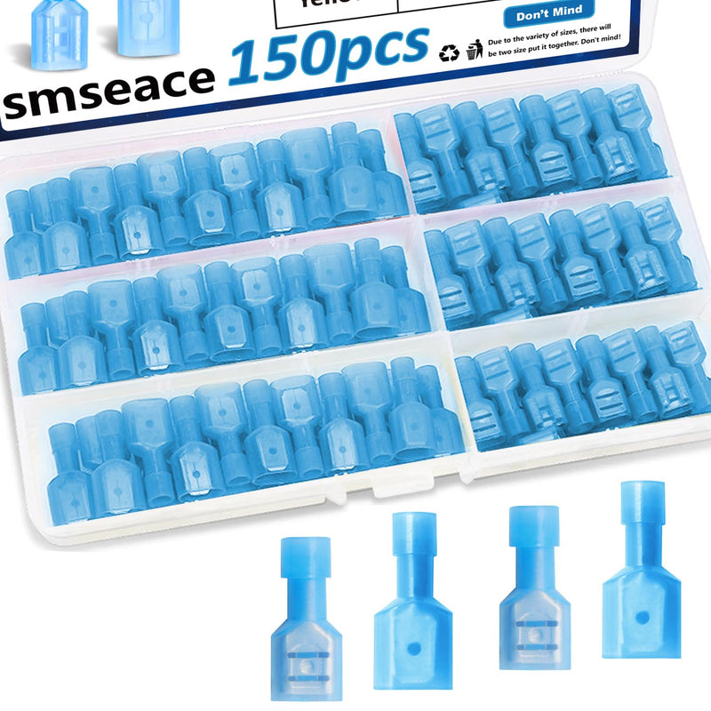 smseace 150Pcs Spade Connectors Kit 16-14AWG Male/Female wire Spade connectors Nylon Spade Quick Connect/Disconnect Connectors Electrical Spade Connectors Kit for auto,boat,industrial application Blue Female+Male