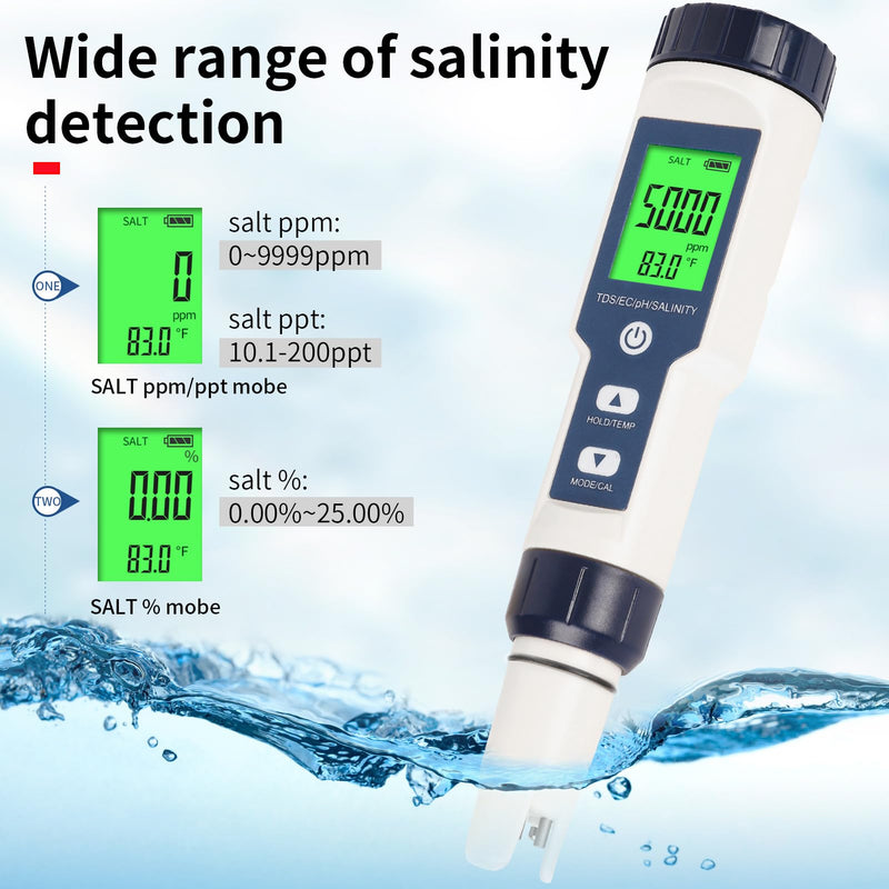 [Australia - AusPower] - 2025 New 5 in 1 Pool Salt Tester，Accurate and Reliable,Salt, pH Meter, EC, TDS, and Temperature，Digital Pool Water Tester，Salt Tester for Saltwater Pool,Used for Pool Salt and hydroponic Plants, etc 