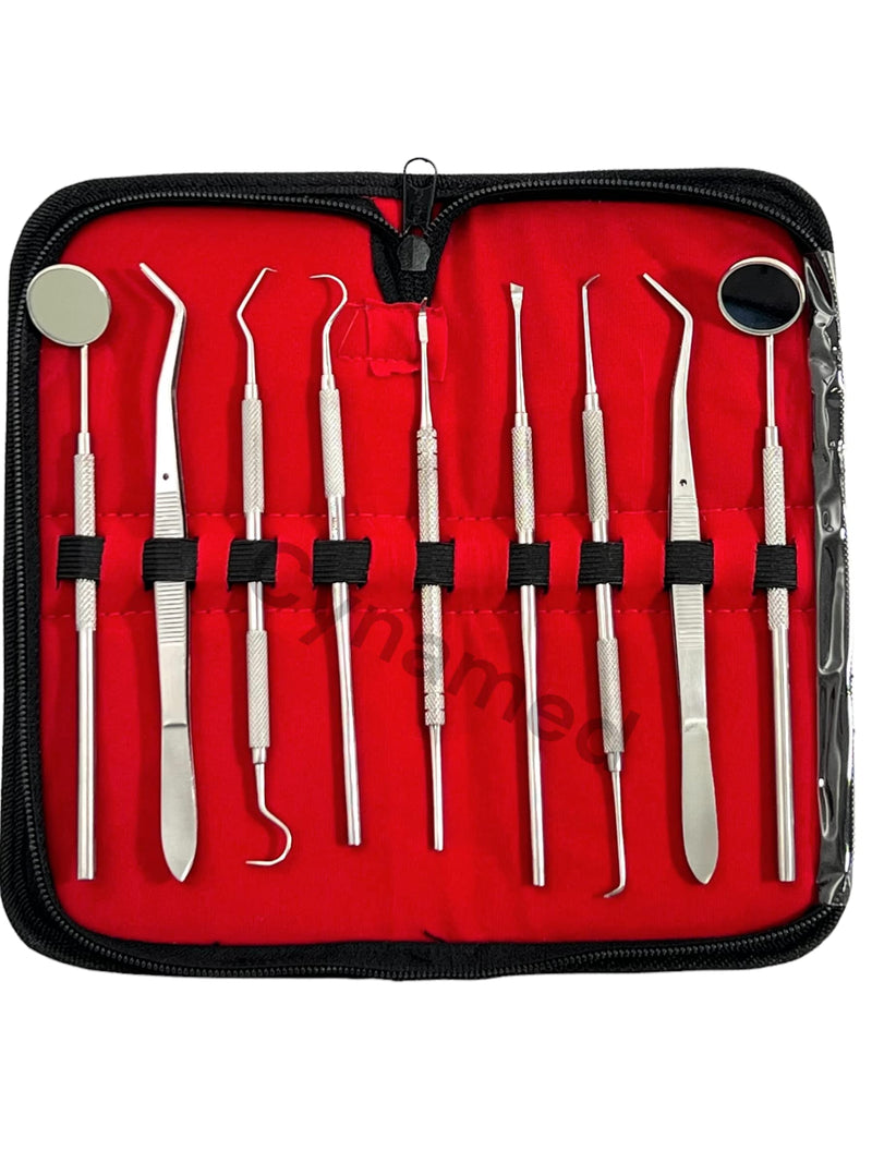 [Australia - AusPower] - GERMAN Dental Hygiene Kit 9 Piece Dentist Tools Anti Fog Mirror Dental Scaler Tarter Scraper Dental Pick Dental Tweezers for Calculus and Tartar Removal Gum Health Teeth Cleaning 
