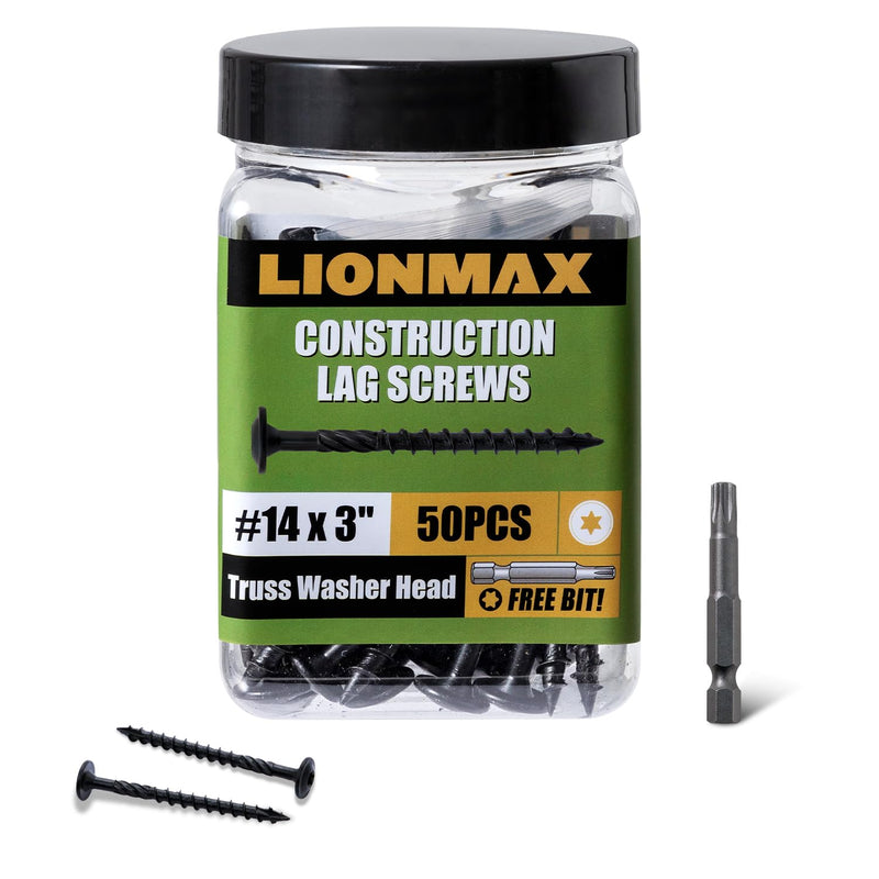 [Australia - AusPower] - LIONMAX Lag Screws 3 Inch, Structural Wood Screw #14 x 3", 50-PCS Heavy Duty Construction Screw, Rust Resistant, Washer Head, Black Coated Exterior Wood/Lag/Timber Screws, Star Drive with Bit #14 x 3" 