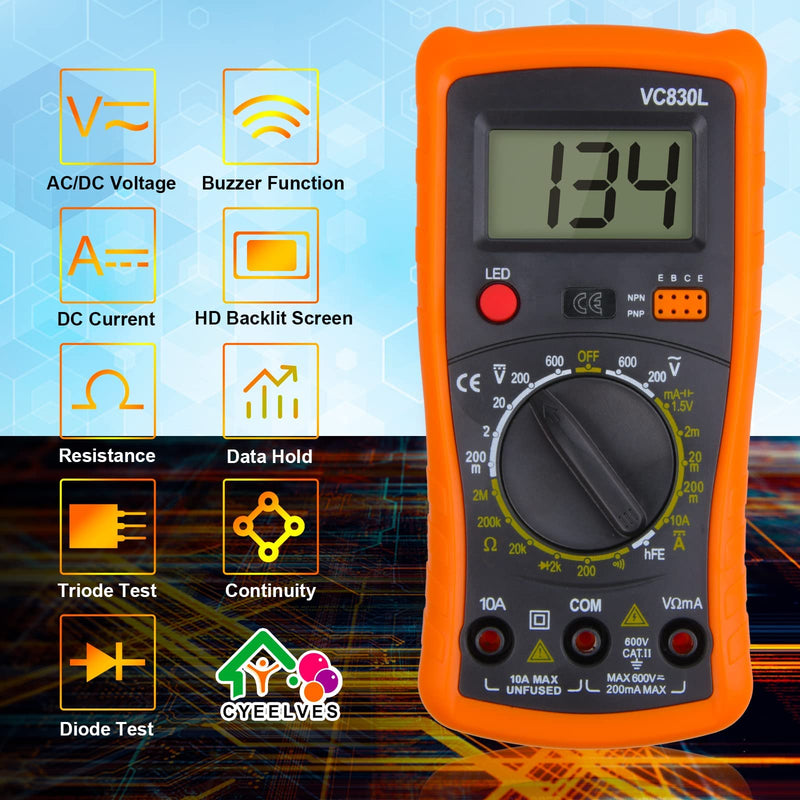 [Australia - AusPower] - Digital Multimeter, Multimeter with AC DC Voltmeter & Ohm Volt Amp Tester, Multifunction Battery Tester, Pocket Meter with Backlight Tests Wire, Voltage Tester Measure Voltage Current Resistance Diode Orange 