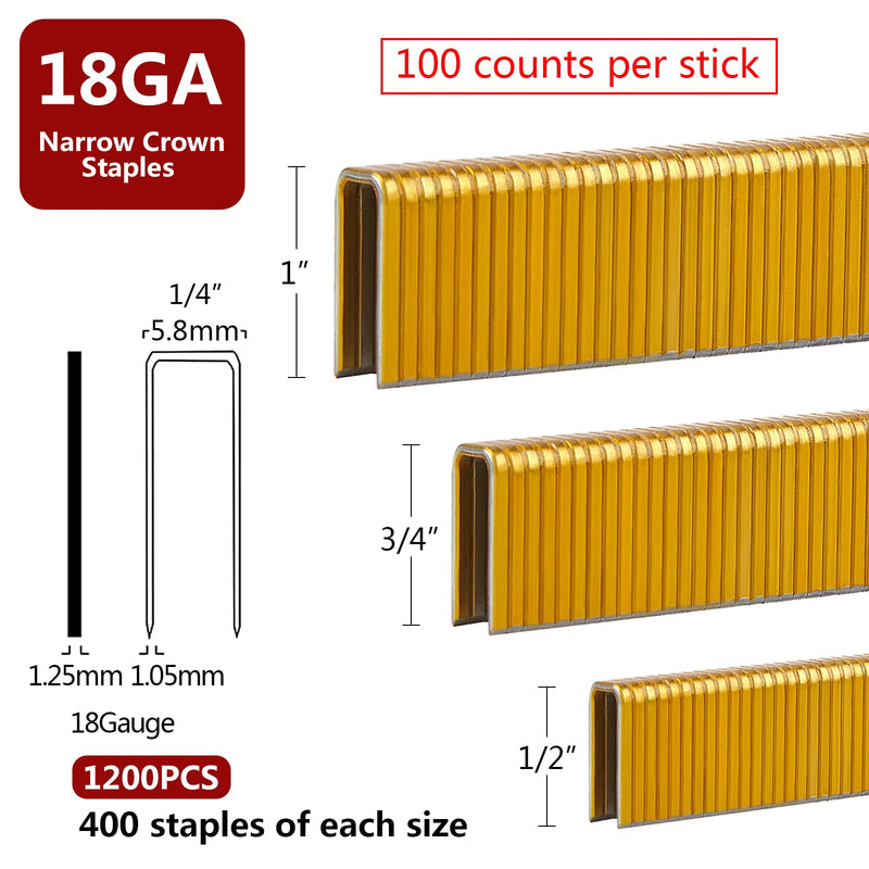 [Australia - AusPower] - 18 Gauge 1/4" Narrow Crown Staples (1", 3/4", 1/2"), Assorted 1200 Counts for 18 GA Pneumatic or Electric Stapler or Staple Gun,Project Pack (Galvanized Steel) Alloy Steel 