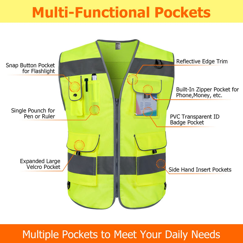 TCCFCCT Safety Vest for Men Women 9 Pockets High Visibility Reflective Vest for Safety, Work Vest with Reflective Strips, Meets ANSI/ISEA Standards, (Yellow, X-Large) Yellow Fabric-bison 001