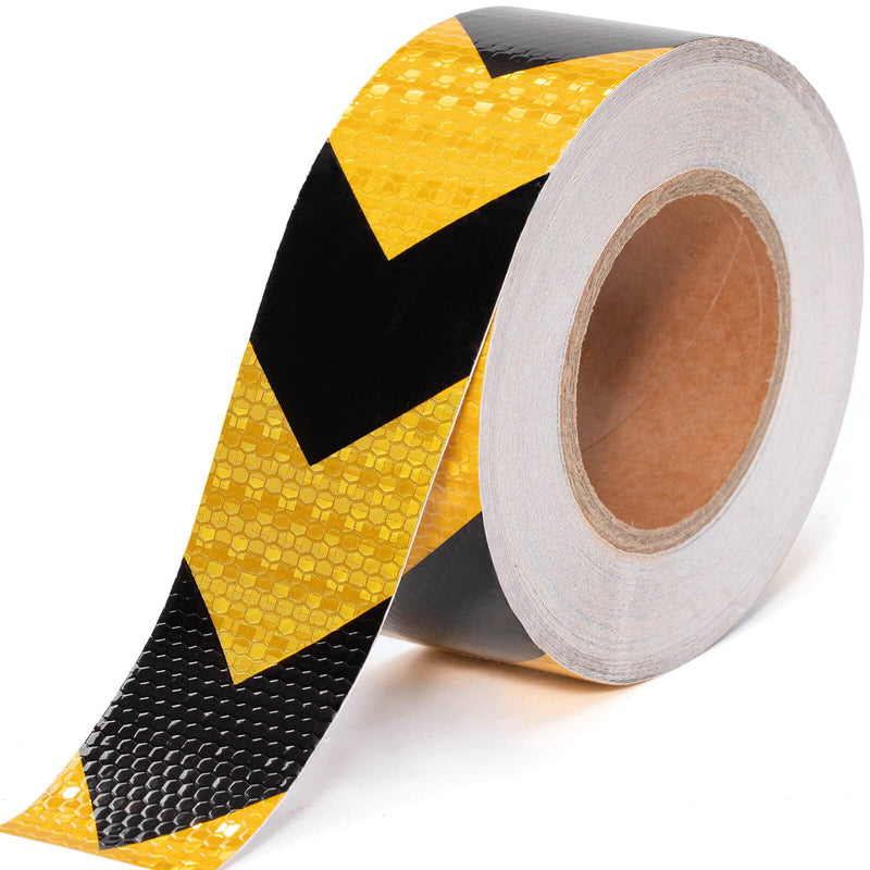 2 Inch X 100 Feet Black Yellow Arrow Reflective Hazard Safety Warning Caution Tape, Reflector Industrial Marking Tape for Trailers Vehicles Stairs Steps Floor Boats Outdoor Waterproof Yellow&Black-100FT