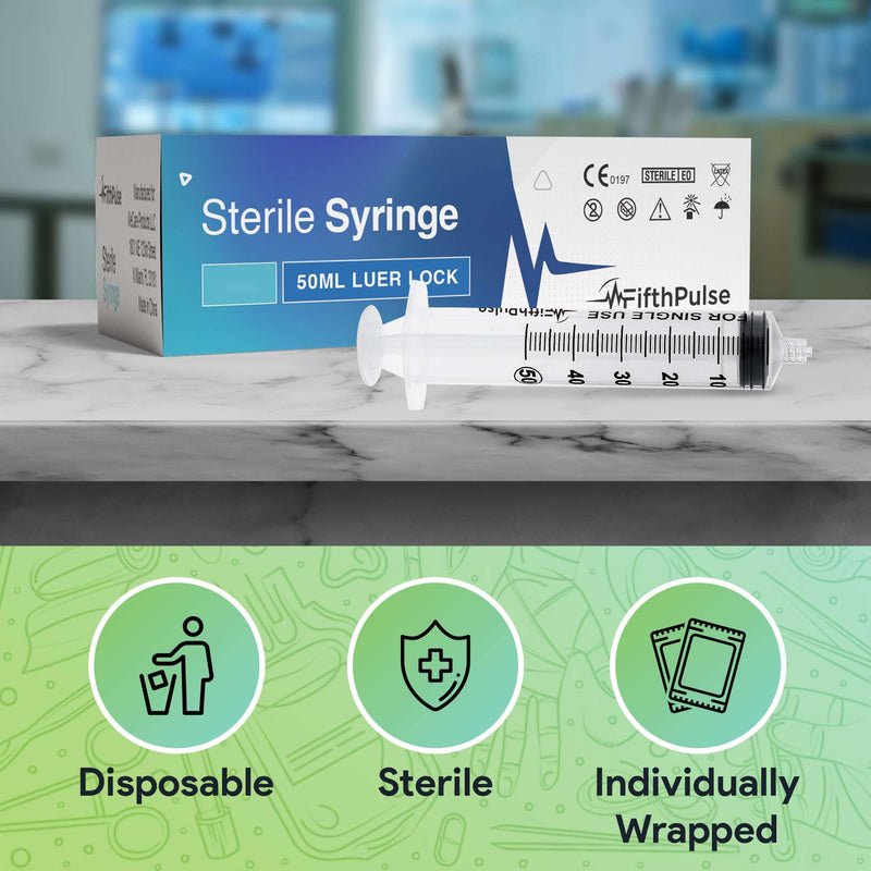 [Australia - AusPower] - 50 ml Syringe without Needle - 5 Pack of Individually Wrapped Disposable Syringes - Good for Medical, Scientific Lab, Home Use, and More - Sterile Luer Lock Syringes 50 ML 5.0 