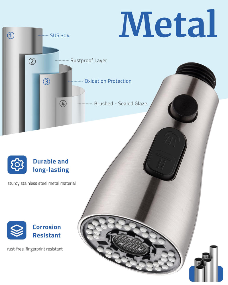 Metal Kitchen Faucet Head Replacement - with 15 Adapters, Low-Lead Sprayer Head for Pull Down Sink Faucet, 3-Mode Stainless Steel Spray Nozzle, Compatible with Delta, Moen, Kohler, Brushed Nickel