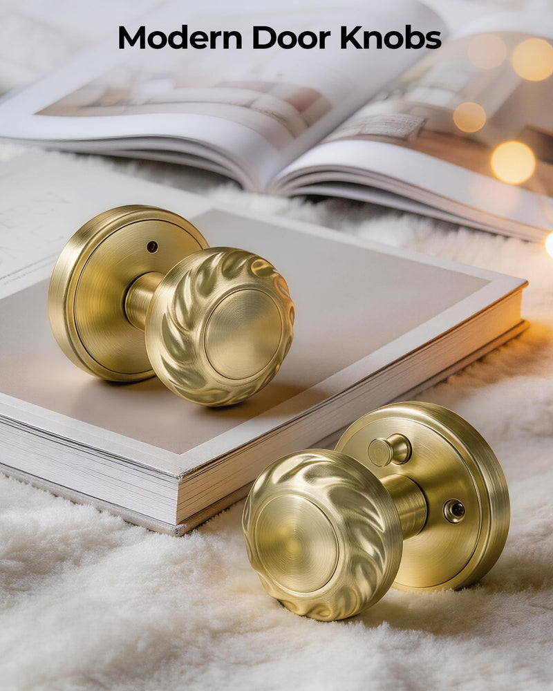 Gold Door Knob Interior, Zinc Alloy Heavy Duty Privacy Door Knobs with Lock for Bedroom and Bathroom, 1 Pack Brushed Gold Interior Door Knobs for Left Right Sided Doors