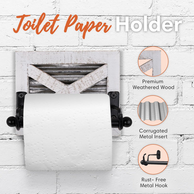 Autumn Alley Farmhouse Toilet Paper Holder and Towel Ring, Wall Mount, 2 Set - Farmhouse Wall Toilet Paper Holder and Bathroom Hand Towel Holder Decor, Wooden, Rustic White