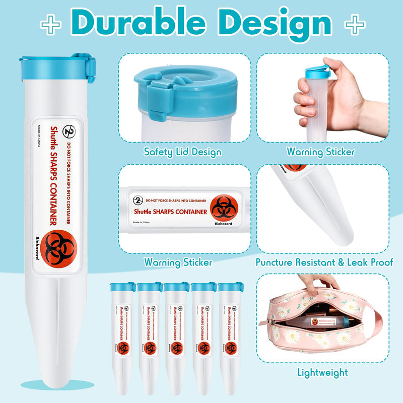 [Australia - AusPower] - 6 Count Single Use Travel Sharps Containers Transportable Small Disposal Sharps Containers with Locking Mechanism for Needles Syringes (Blue) Blue 6 