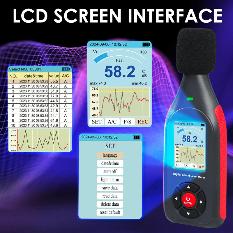 [Australia - AusPower] - Dezibel Meter Data Logger Sound Level Meter with 43,000 Records Visual Alarm, A/C Frequency and DC Output Digital Sound Level Meter for Home, Factory, Classroom etc Lcd Graphic Display 