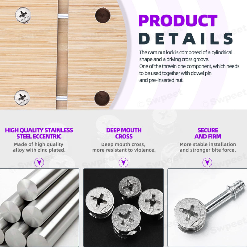 [Australia - AusPower] - Swpeet 100Pcs 4 Sizes 3 in 1 Furniture Connecting Cam Lock Fittings Assortment Kit, Fastener Cabinet Connectors Hardware Bolts Furniture Connecting Lock Nut for Closets Bed Furniture Connecting 