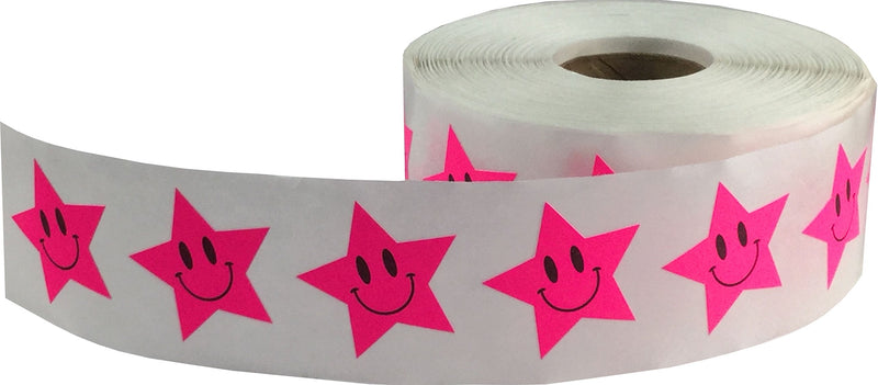Fluorescent Pink Happy Face Star Stickers, 1 Inch Star Shaped Adhesive Labels, 500 Total Reward Stickers on a Roll for Teachers, Classrooms, Motivation, Charts, and Incentives – Made in the USA Fluorescent Pink