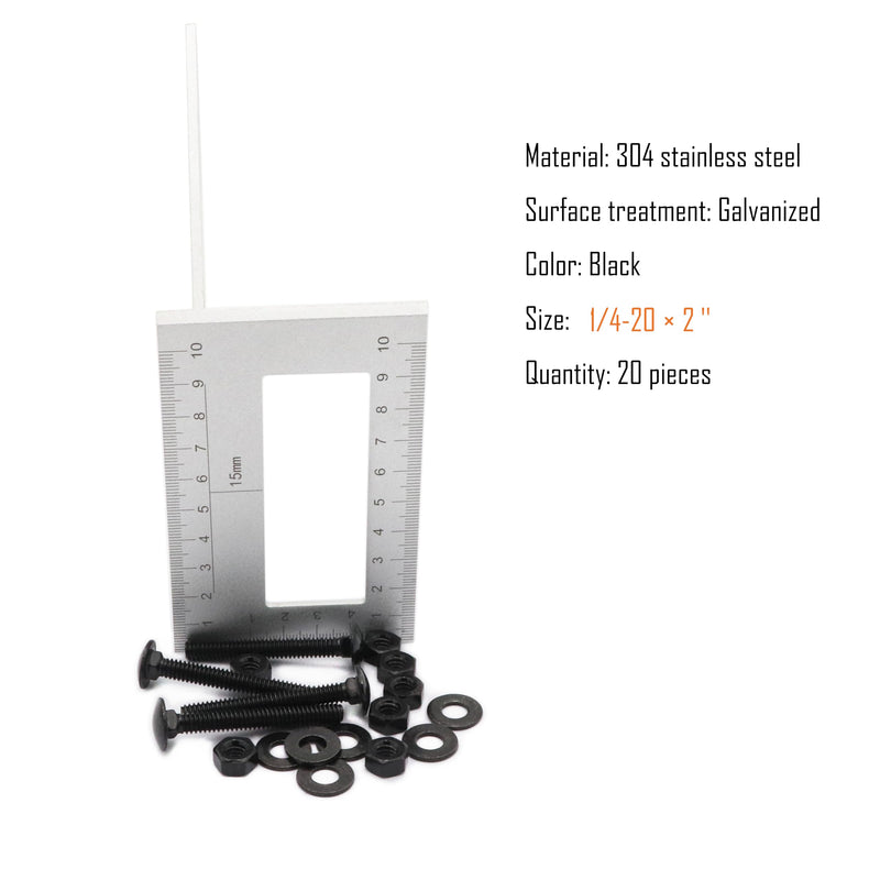 [Australia - AusPower] - 20 Sets Carriage Bolts Screws, (1/4-20 x 2) Round Head, Square Neck, with (Hex Nuts & Flat Washers), 304 Stainless Steel, Galvanizing (Black) (1/4-20 x 2") 