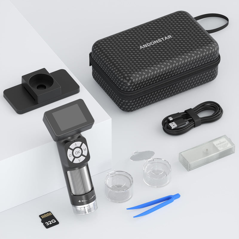 [Australia - AusPower] - Andonstar AD112 Portable Pocket Microscope Kit for Kids and Adults with 2" LCD Screen, Mini Handheld Digital Microscope 500X with 8 Adjustable LED Lights, Windows PC Compatible, 32GB SD Card Included 
