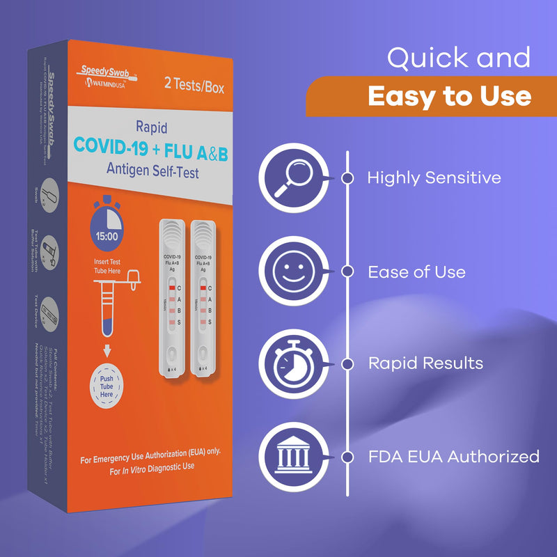 [Australia - AusPower] - SpeedySwab COVID + Flu A&B Antigen Rapid Test Kit - FDA Authorized 3-in-1 at-Home Combo Test Kit, 15-Minute Results, Easy to Use, Comfortable Non-Invasive Nasal Swab (1 Pack - 2 Tests) 1 Pack - 2 Tests 