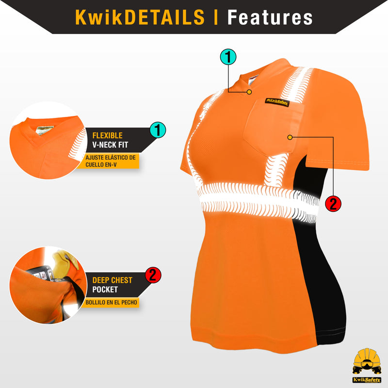 KwikSafety - Charlotte, NC - Vixen Hi Vis Short Sleeve Safety Shirt for Women [Angel Hair Reflective Tape] Large Orange