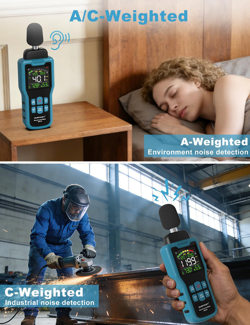 DURFICST Decibel Meter 30-130dB Meter with Temperature Humidity | Sound level meter with LCD color display, AC rating, dB/SONE unit, fast/slow response time