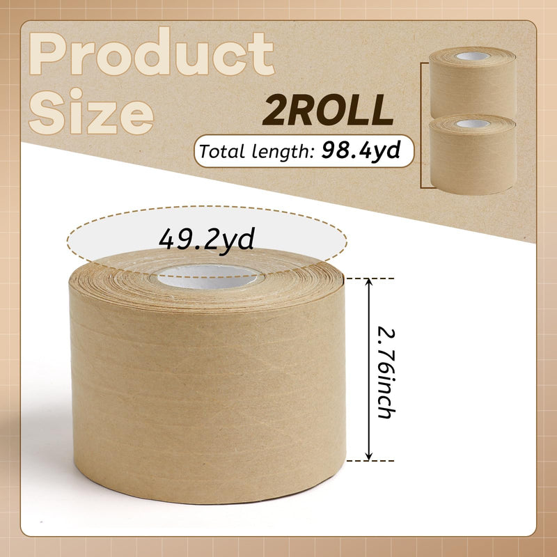 Reinforced Water Activated Gummed Kraft Paper Tape,2 Rolls 2.76 inch x 49.2 yd Brown Packing Tape,Total 98.4 yds for Heavy Duty Secure Packing and Shipping