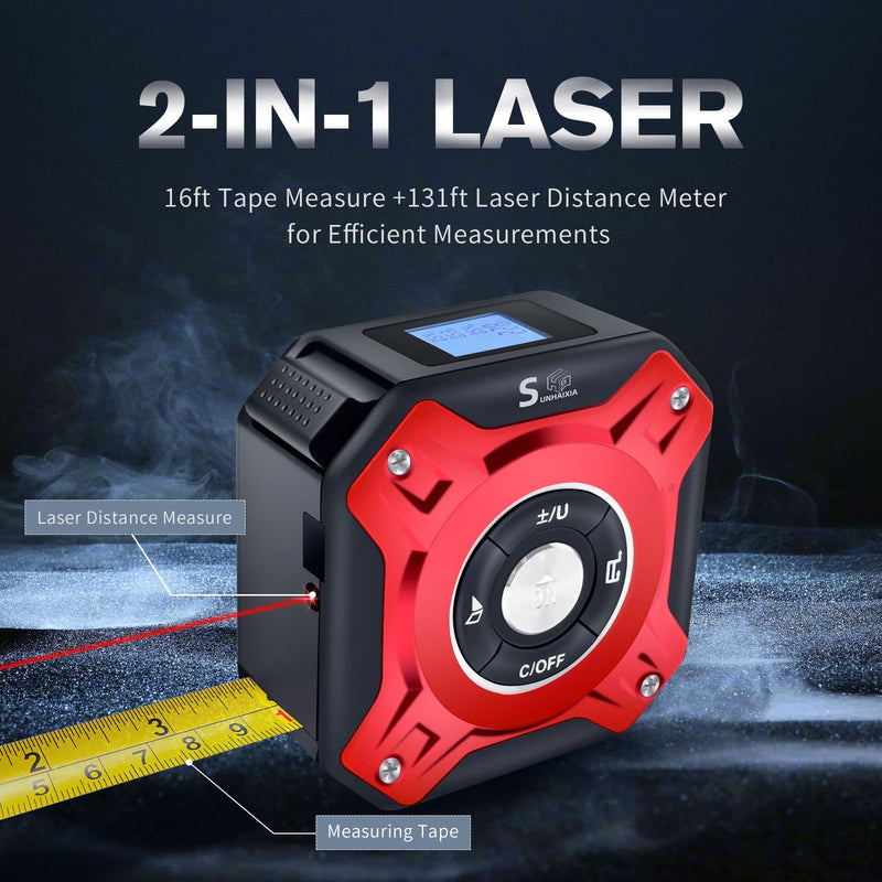 2 in 1 Laser Tape Measure with Level | 131ft/40M Laser Distance Meter Display On Backlit LCD Screen with 16ft/5m AutoLock Measuring Tape | Ft/Inch/Fractions/M/mm (Red 2in1 Laser)