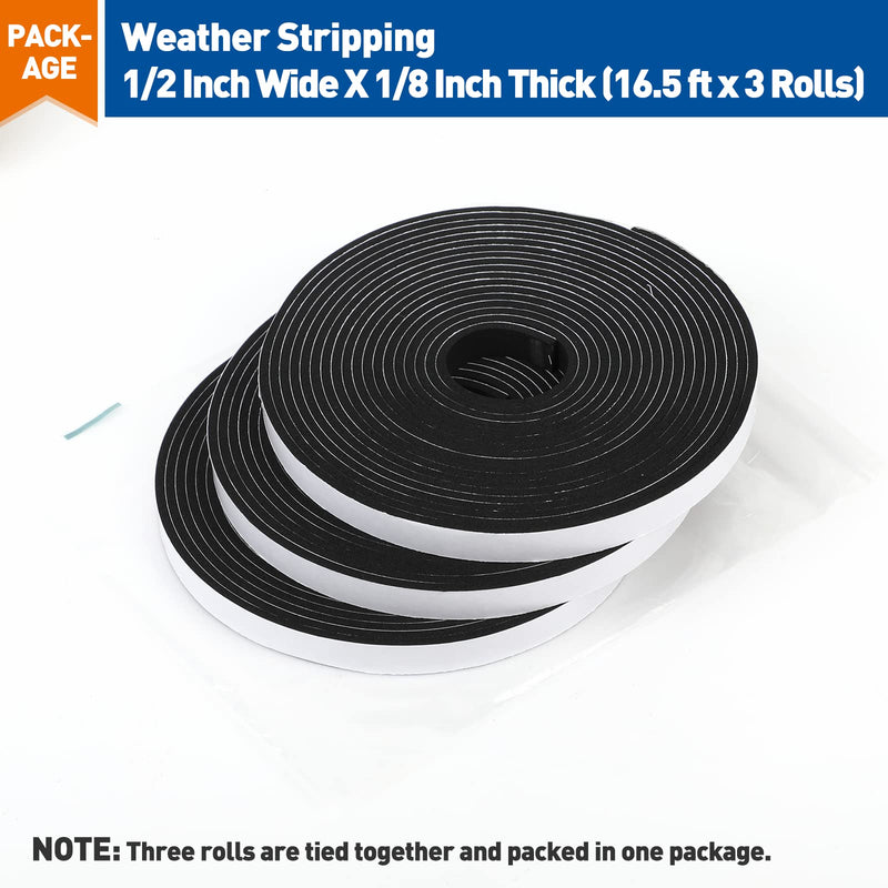 [Australia - AusPower] - MAGZO Weather Stripping Door Seal, 1/2 Inch Wide X 1/8 Inch Thick Adhesive Foam Tape Soundproof Weatherstripping for Windows, 3 Rolls Total 50FT Black 1/2in * 1/8in * 50FT 