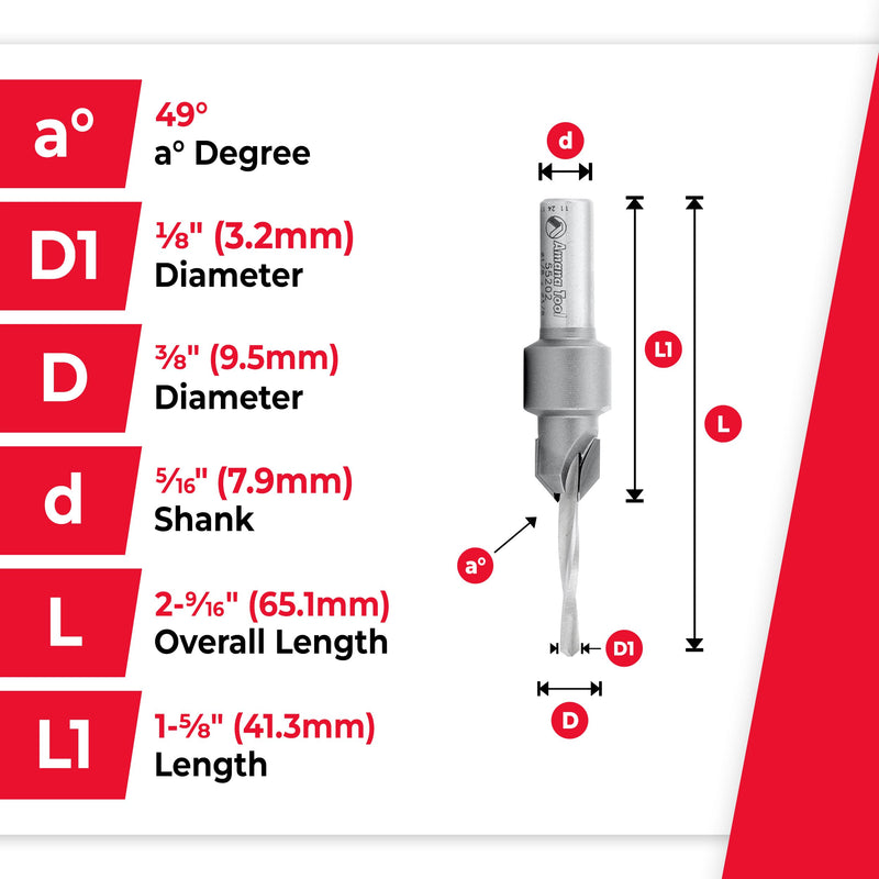 Amana Tool Carbide Tipped Countersink Drill Bit, 55202, 6 Screw, 3/8 Dia x 1/8 Drill Dia x 5/16 Round Shank