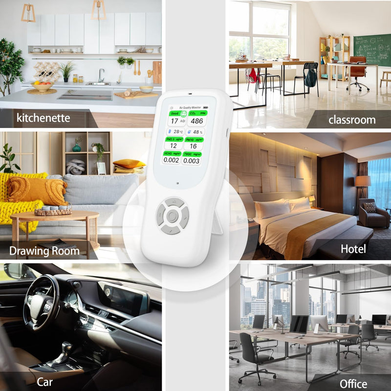 11-in-1 Air Quality Monitor - Portable Indoor Air Quality Detector with Stand, Real-Time Test for AQI, CO2, PM2.5, PM1.0, PM10, TVOC, HCHO, Particles, Humidity & Temperature White-White