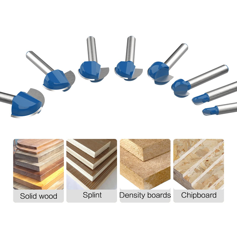 1/4 Inch Shank Cove Box Router Bit - 1/4" 5/16" 3/8" 1/2" 5/8" 3/4" 7/8" 1" Cutting Diameter Solid Carbide Double Flute Core Box Round Nose Woodworking Tool 8 Pcs Cove Box Bit 8PCS-Blue