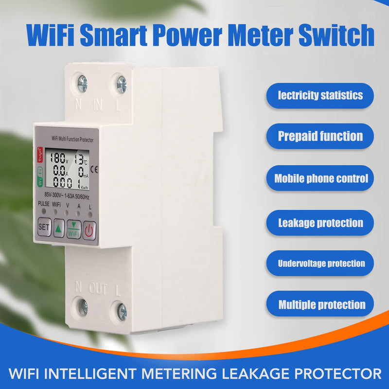 [Australia - AusPower] - Yosoo Health Gear Smart Power Meter Switch WiFi Voltage Current Meter, LCD Display WiFi Smart Power Meter Switch for Tuya Energy Circuit Breaker Multi Function Protector with Metering AC85-300V 63A 