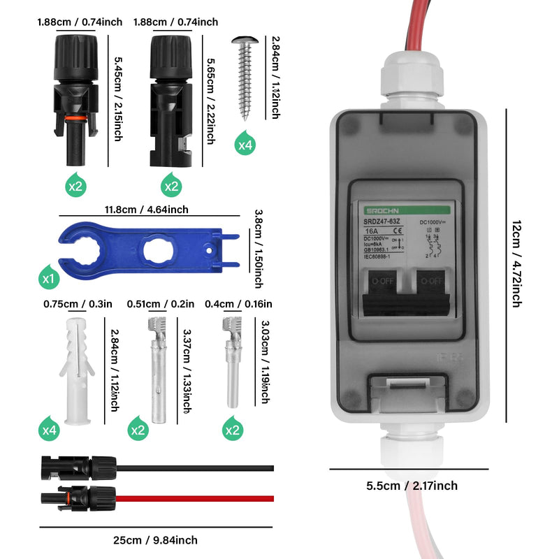 [Australia - AusPower] - TEOV DC Isolator Switch Solar PV, 2P 16A 1000V Solar Circuit Breaker with Cable IP65 Waterproof Isolator Switch for Solar PV System 16 A, with cable 