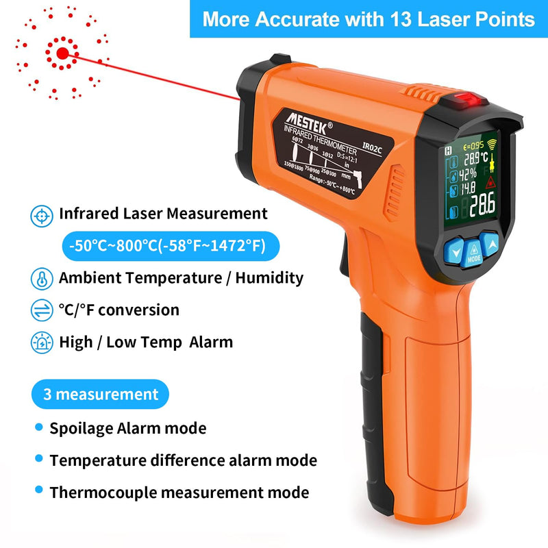 [Australia - AusPower] - Infrared Thermometer MESTEK Laser Thermometer Temperature Meter with K Probe -50°C ~ 800°C IR Temperature Meter Non-Contact with Colour LCD Digital Alarm Function Adjustable Emissivity for Kitchen orange 