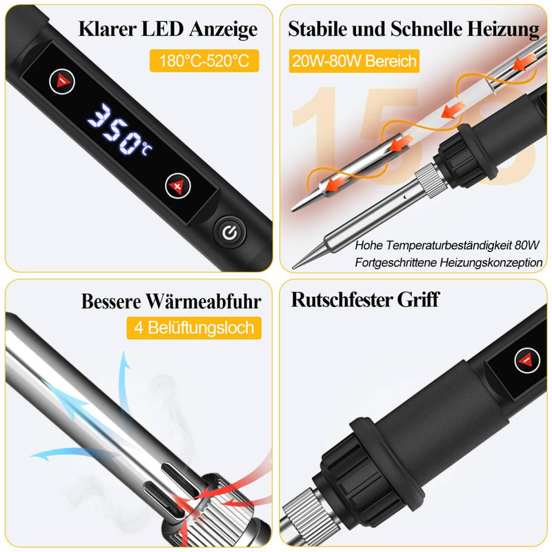 Edasion Soldering Iron Set 80W LED Temperature Adjustable 180~520°C with Switch | Soldering iron with 15-second fast heating, 50g lead-free solder wire, 5 soldering tips, desoldering pump, soldering iron stand, tweezers, soldering set black