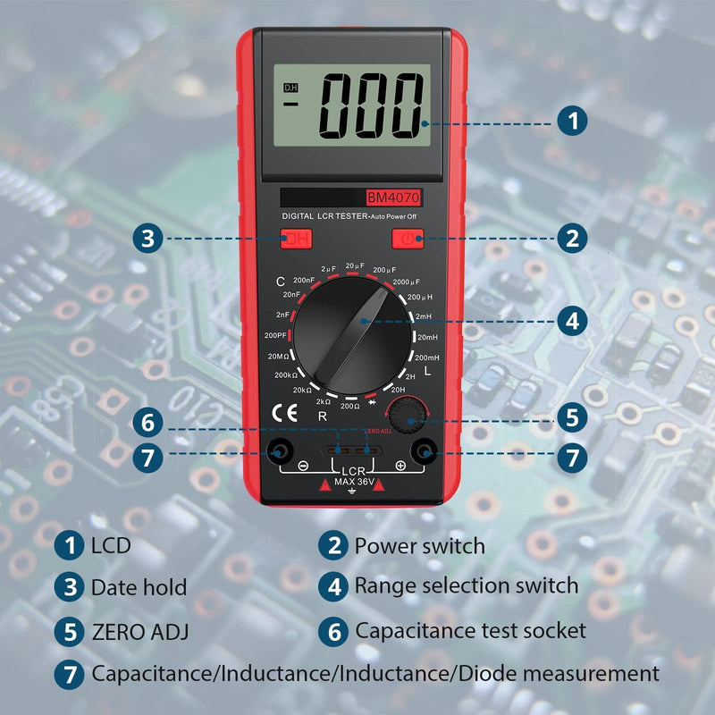 BM4070 LCR Meter Capacitance Inductance Resistance Self-Discharge Digital Instrument with LCD Display 1999 and Data Hold Function for Capacitance Resistance Inductance Measuring Meter