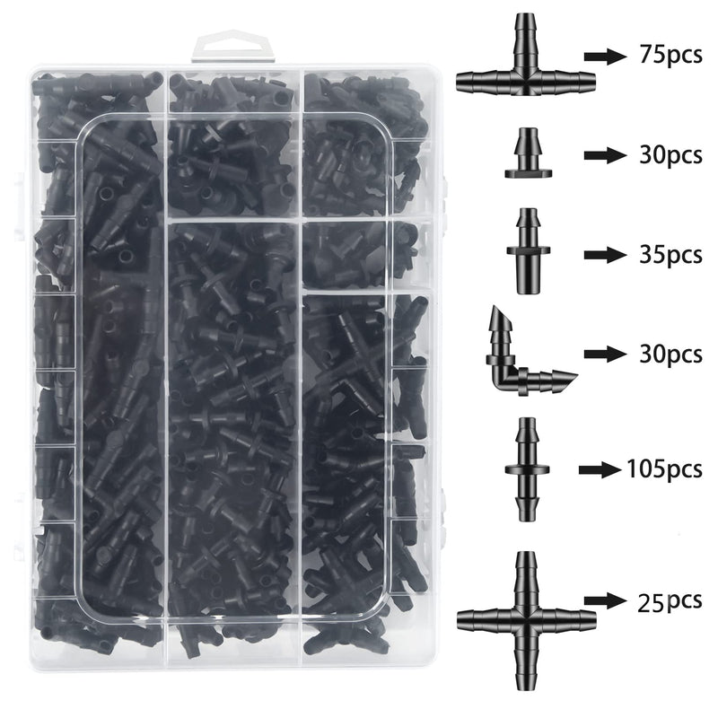 [Australia - AusPower] - 300 Pcs Barbed Connectors Drip Irrigation Fittings Kit, 1/4" Drip Irrigation Kit for Garden Flower Pot Greenhouse Lawn (Straight Barbs,Single Barbs,Tees,Elbows,End Plug,4-Way Coupling) 