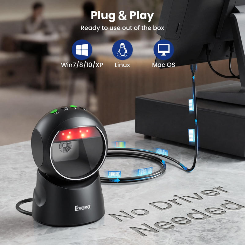 Eyoyo 2D USB Barcode Scanner, Hands-Free Desktop Automatic Omnidirectional QR Code Scanner, Wired Bar Code Reader with 1D 2D Mode Switch Button for Retail, Supermarket, Warehouse, Library, POS Systems Black