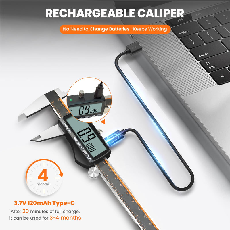 [Australia - AusPower] - HARDELL Digital Caliper 12 Inch, Rechargeable Calipers with Large LCD Screen, Stainless Steel Digital Caliper Measuring Tool, Auto-Off, Inch/MM/Fraction for DIY/Household/3D-printing 