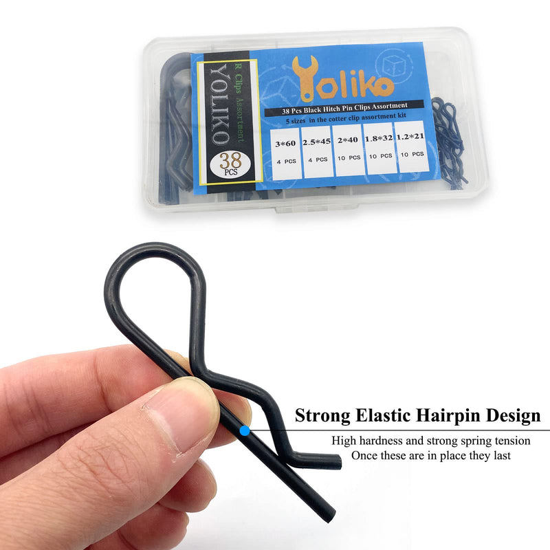 [Australia - AusPower] - 38 Pcs Hitch Pin Clip R Clips Retaining Pins Tractor Cotter Pin Hair Pin Assortment Iron Black Zinc-plated Spring Clip Retainer Pins keeper Pins Kit for Dolly Pins/Trailer Pin Clips Replacement Black 38 pcs in 5 size 