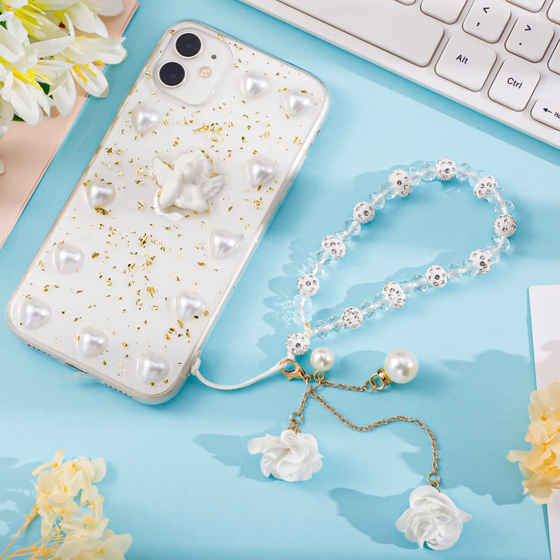 [Australia - AusPower] - Phone Charm String Phone Chain Strap Cute Keychains Beaded Phone Strap Cell Phone Charms Beaded Lanyard Kawaii Creative Crystal Flower Pendant（White） GBYBY5768 