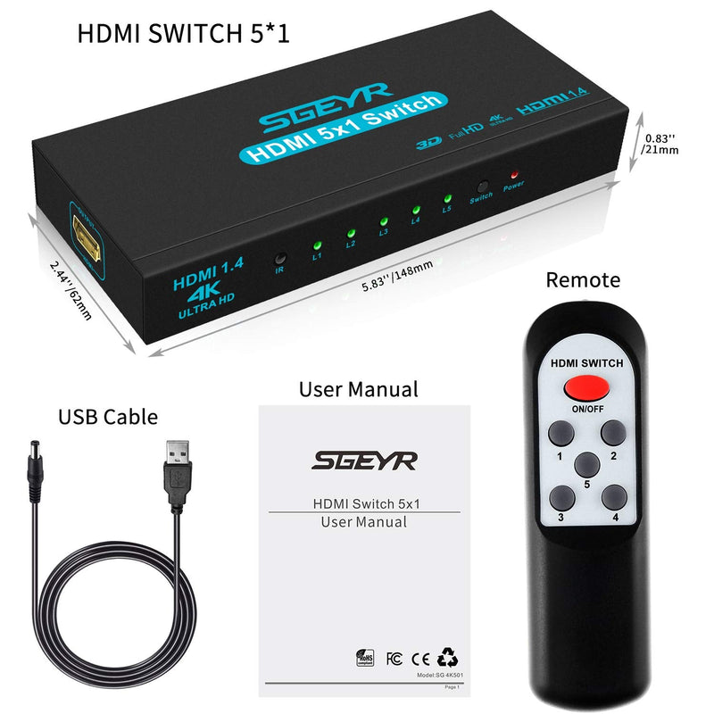[Australia - AusPower] - HDMI Switch SGEYR 5x1 HDMI Switcher 5 in 1 Out HDMI Switch Selector 5 Port Box with IR Remote Control HDMI 1.4 HDCP 1.4 Support 4K@30Hz Ultra HD 3D 2160P 1080P Blue 