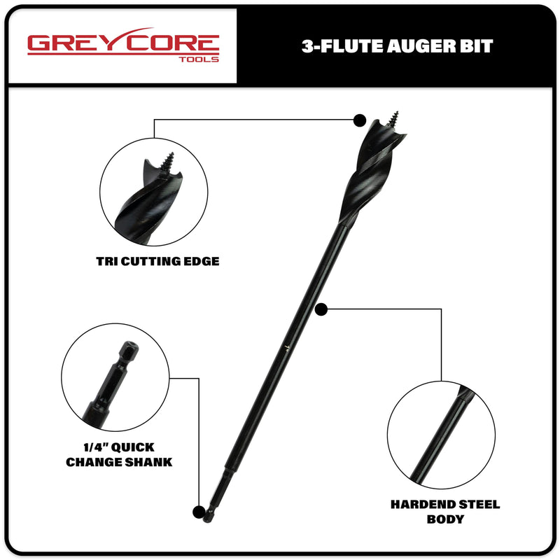 Greycore Tools 3-Piece 16 Inch 3-Flute Auger Bit, Wood Drill Bit for Hard and Soft Wood, 1/4” Quick Change Shank, Woodworking Auger Bits (16” Set 1/2”, 3/4”, 1”) 16" 3PCS Set (1/2", 3/4", 1")