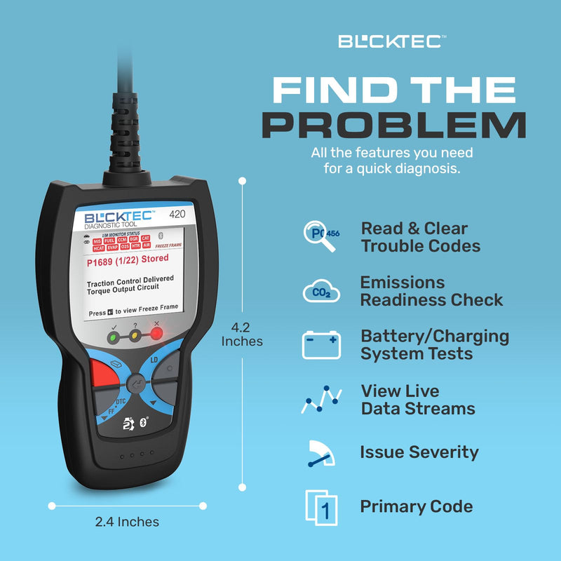 [Australia - AusPower] - BLCKTEC 420 Bluetooth OBD2 Scanner Diagnostic Tool - Vehicle Code Reader for Car - Clears Check Engine Light - Comes with Premium OBD App On IOS & Android - Works For All Cars 1996 & Newer Screen Size 1.8" 