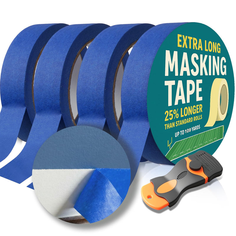 Blue Painters Tape 1 Inch Wide with Bonus Scraper Tool Included, 4 Rolls Blue Tape,3 Times Thicker,Clean Removal Painters Tape (132yd =0.98IN*33yd*4) , No Wall Damage Masking Tape,No Residue