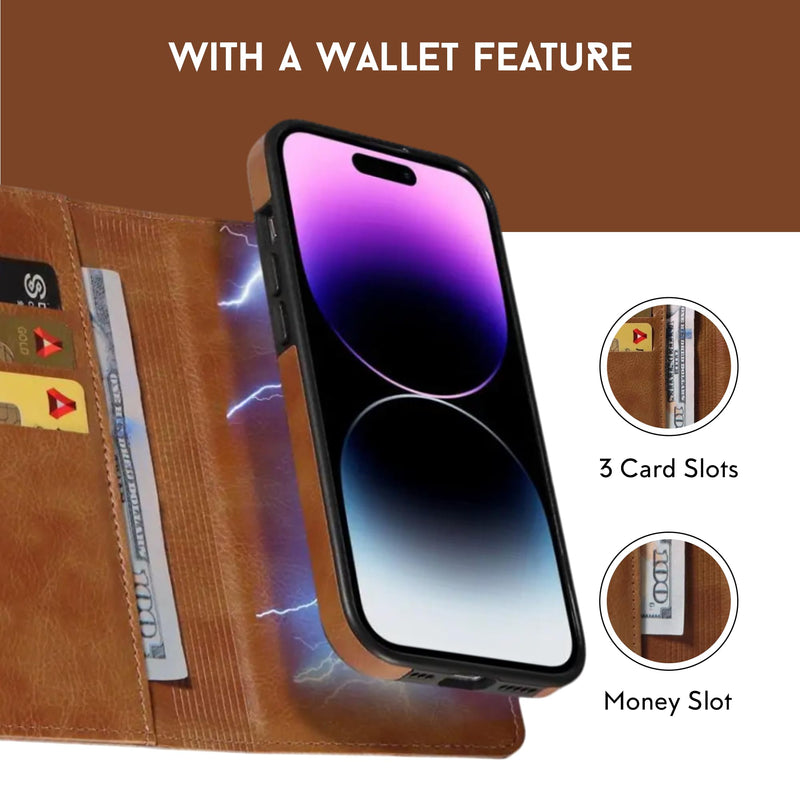 EMF Protection Anti Radiation Leather Flip Folio Case for iPhone, Genuine Leather Wallet Case/Cover with Card Holder & Stand Function Brown for iPhone 13 Pro