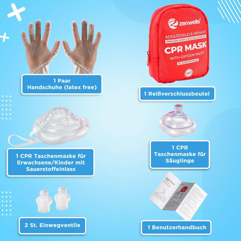 CPR Respiratory Mask First Aid Set for Adults / Children and Infants - Pocket Mask in Soft Case (Red) with Self-Valve and Oxygen Inlet