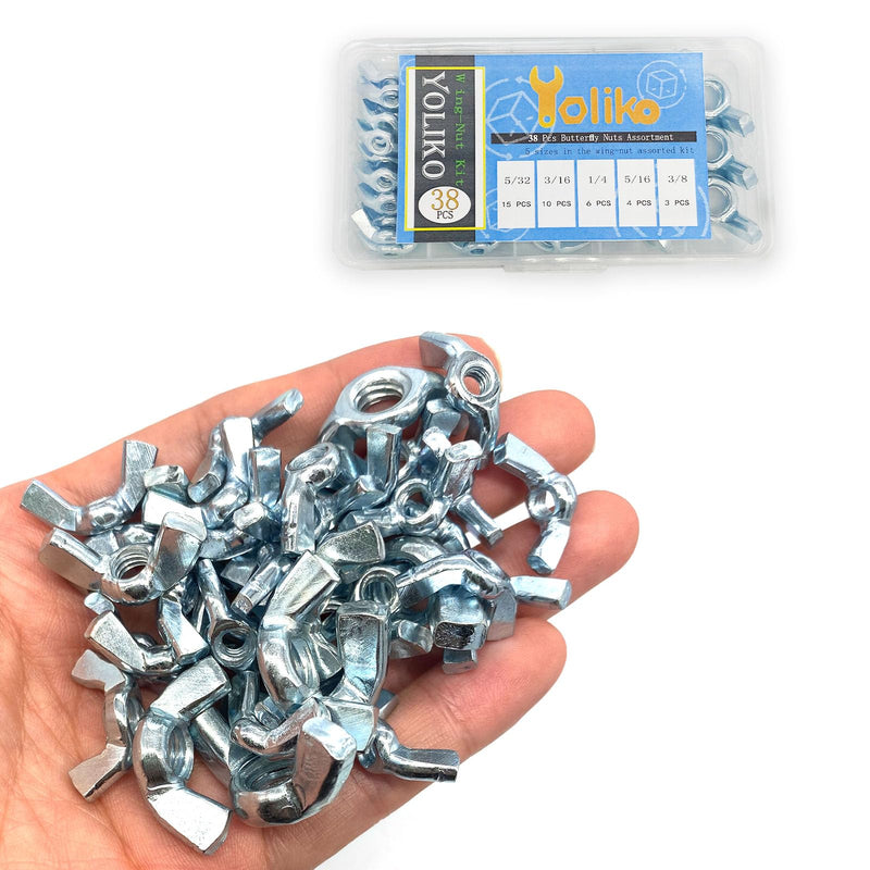 [Australia - AusPower] - 38 Pcs 5 Sizes 5/32",3/16",1/4",5/16",3/8" Wingnuts, Quality Carbon Steel Wing Nuts Zinc Plated Fasteners Parts Butterfly Nut, Hand Twist Tighten Hardware Nuts Butterfly Wing-Nut Assorted Kit 5 Sizes-38 Pcs 