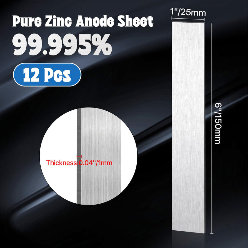 [Australia - AusPower] - 12 Pcs Pure Zinc Anode Sheet, 99.995% Pure Zinc Electrode Strip, 0.04 x 1 x 6 inch / 1 x 25 x 150 mm Anode Plate for Plating and Electroplating, Lab Research Science Project 