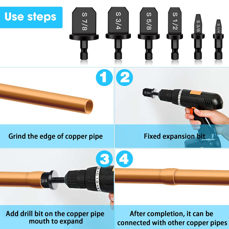 [Australia - AusPower] - 6Pcs HVAC Repairing Set, Boring Drill Bits, Air Conditioner Copper Tube Expander Swaging Tool Manual Copper Pipe Swage, Soft Copper tubing 1/4'', 3/8'',1/2'',5/8'',3/4'',7/8'' Bits Set 6 