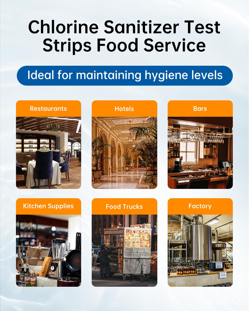 [Australia - AusPower] - 0-500 ppm Chlorine Test Strips for Restaurant Sanitizer Test Kit, 100 Strips per Vial, Bleach Test Strips, Testing Kit for Food Service, Bars, Hotels, Kitchen Supplies, Food Trucks, Daycare, Factory 0-500PPM 
