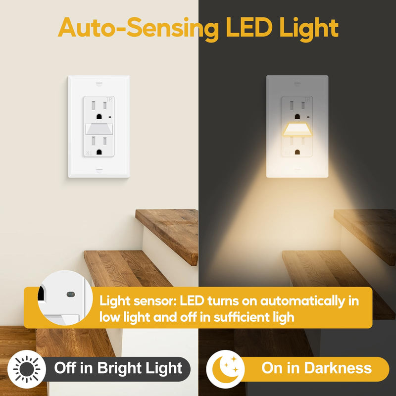 5 Pack 15A Outlet with Night Light 2-in-1, Auto Dusk to Dawn TR ETL | Tamper-Resistant Wall Outlet with Auto LED Night Light, 0.1W Energy Efficient for Bedroom Hallway Kitchen Bathroom 5