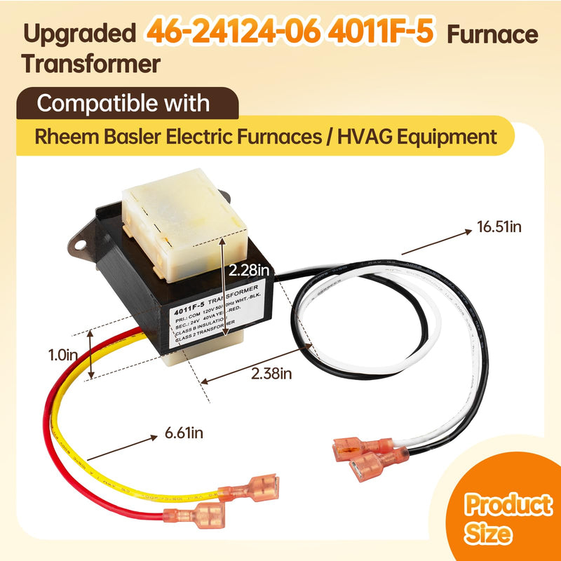 [Australia - AusPower] - OEM 46-24124-06 4011F-5 HVAC Transformer 40 VA 120/24V Compatible with Rheem Basler Electric Furnaces, Replace Rheem Ruud 46-24124-06 Replace Basler Electric BE161640GDD 29M7101 0037 G19 