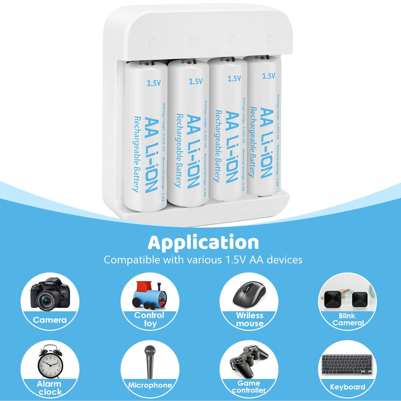 [Australia - AusPower] - 4 Pack Rechargeable 1.5V Lithium AA Batteries with Charger (4-Bay Independent Slot), Long Lasting Double A Size Battery 3600mWh for Blink Camera AA 4 Pack+Charger 